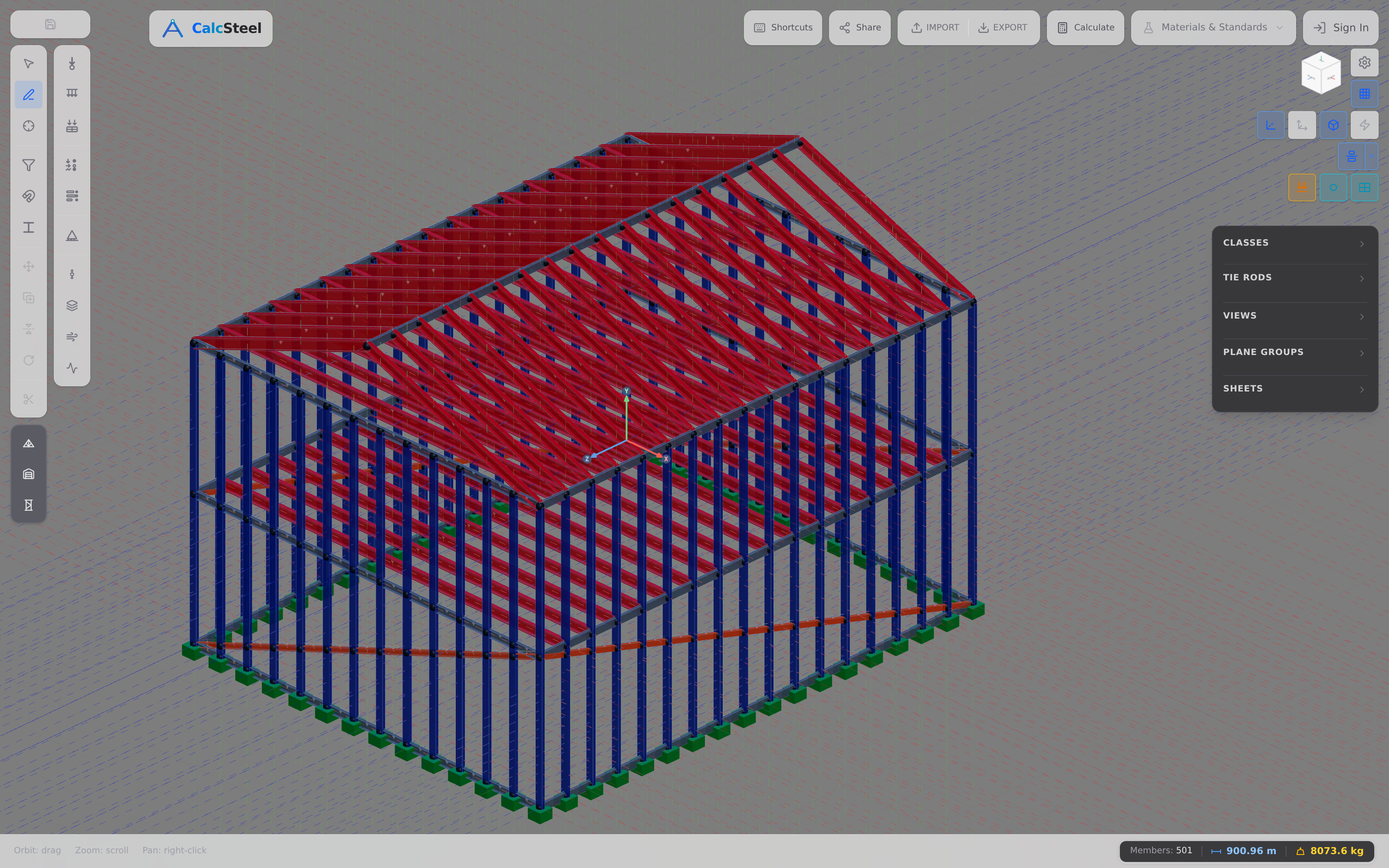 A two-storey cold-formed steel-frame house modelled in the CalcSteel 3D editor, its C-section studs, joists and rafters shown as real profiles.