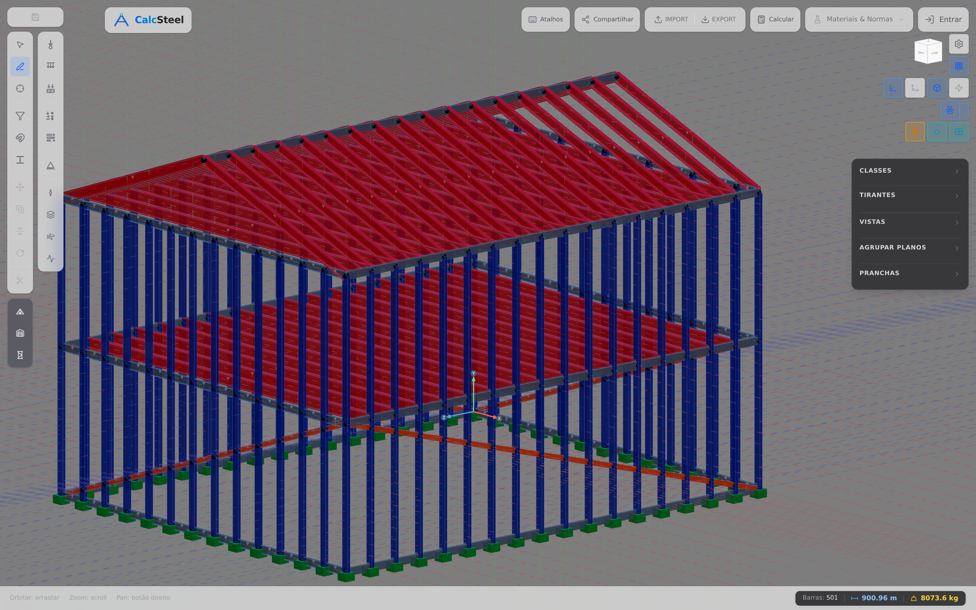 A mesma casa em steel frame vista de um ângulo mais baixo no editor 3D do CalcSteel, mostrando as paredes de montantes e as vigotas de piso parafusadas.