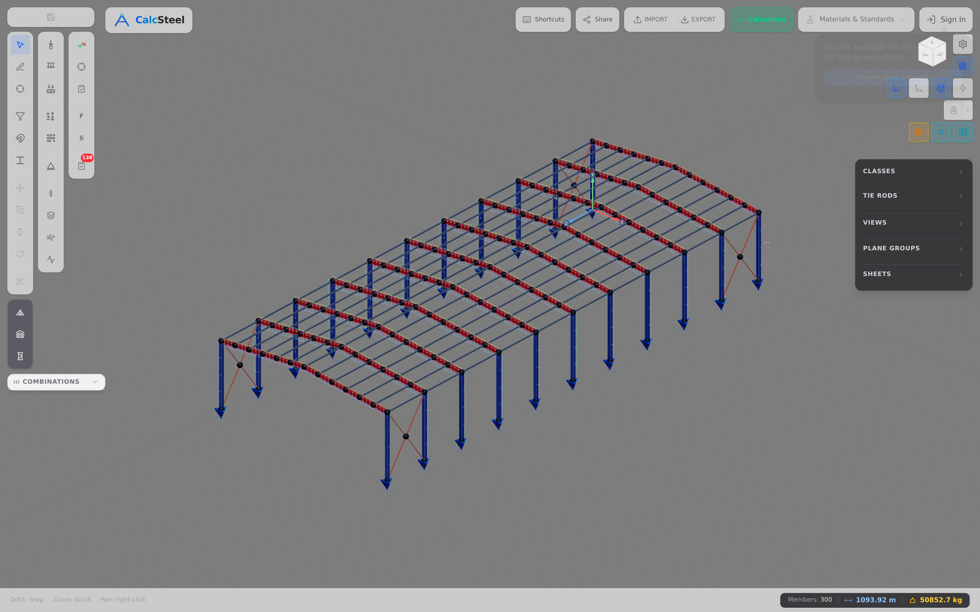 A complete steel building analyzed in the CalcSteel 3D editor, with the live bending-moment diagram drawn along every frame.