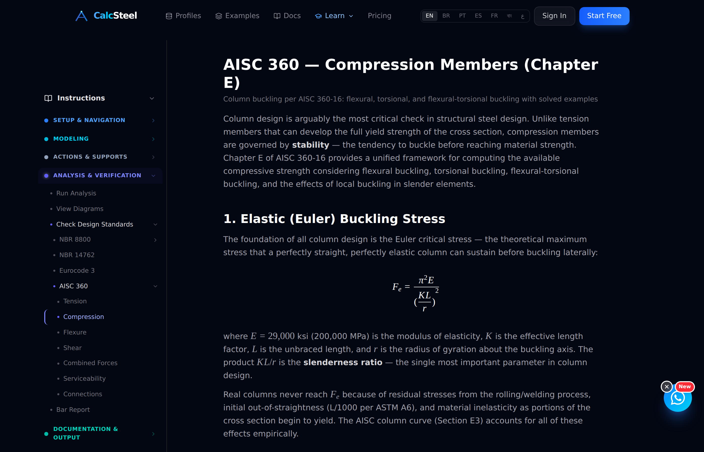 CalcSteel application showing AISC 360 compression design verification with K factor inputs