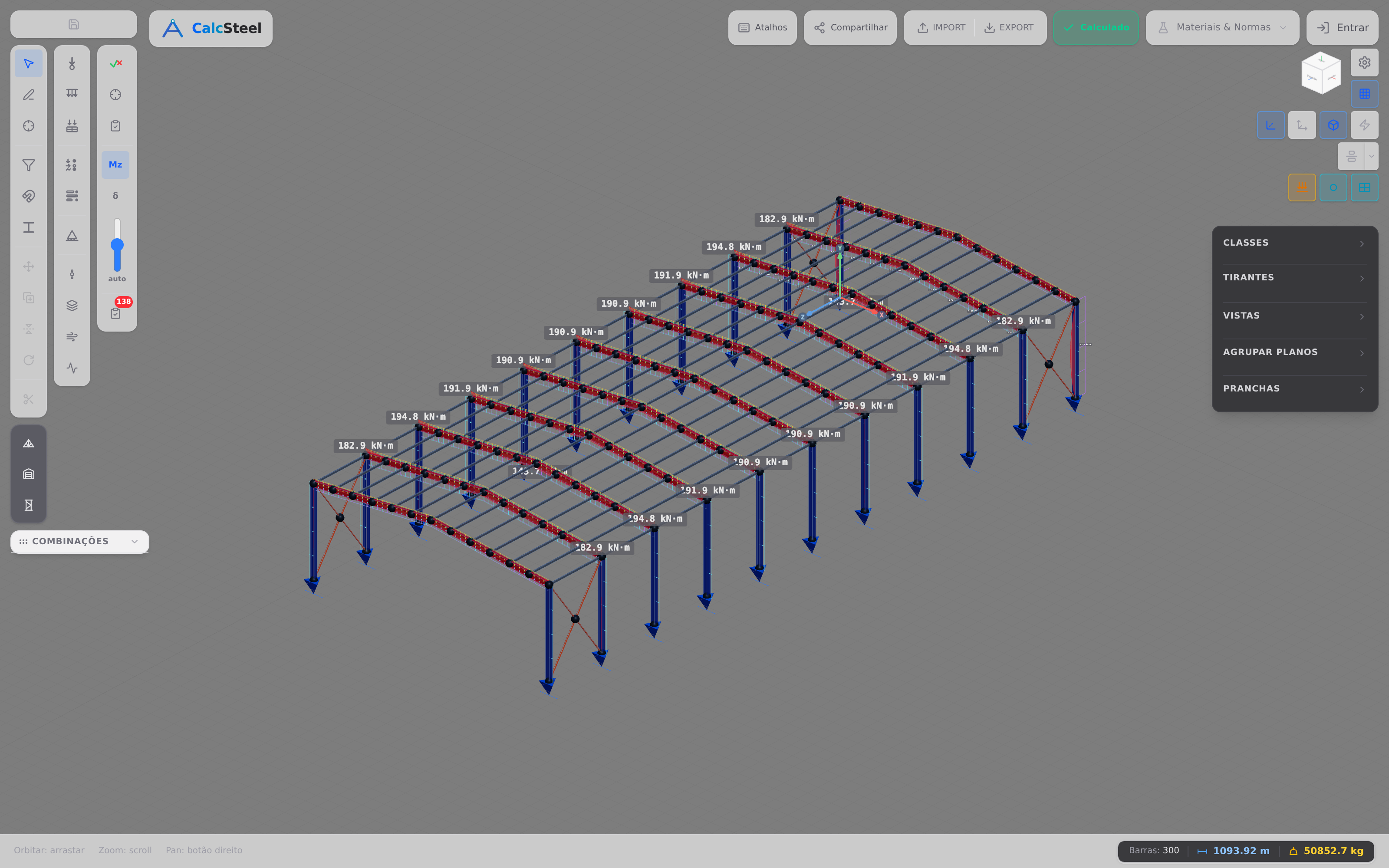 Um pórtico de aço real analisado no editor 3D do CalcSteel mostrando seu diagrama de momento fletor (Mz), com os momentos de pico das vigas rotulados em kN·m