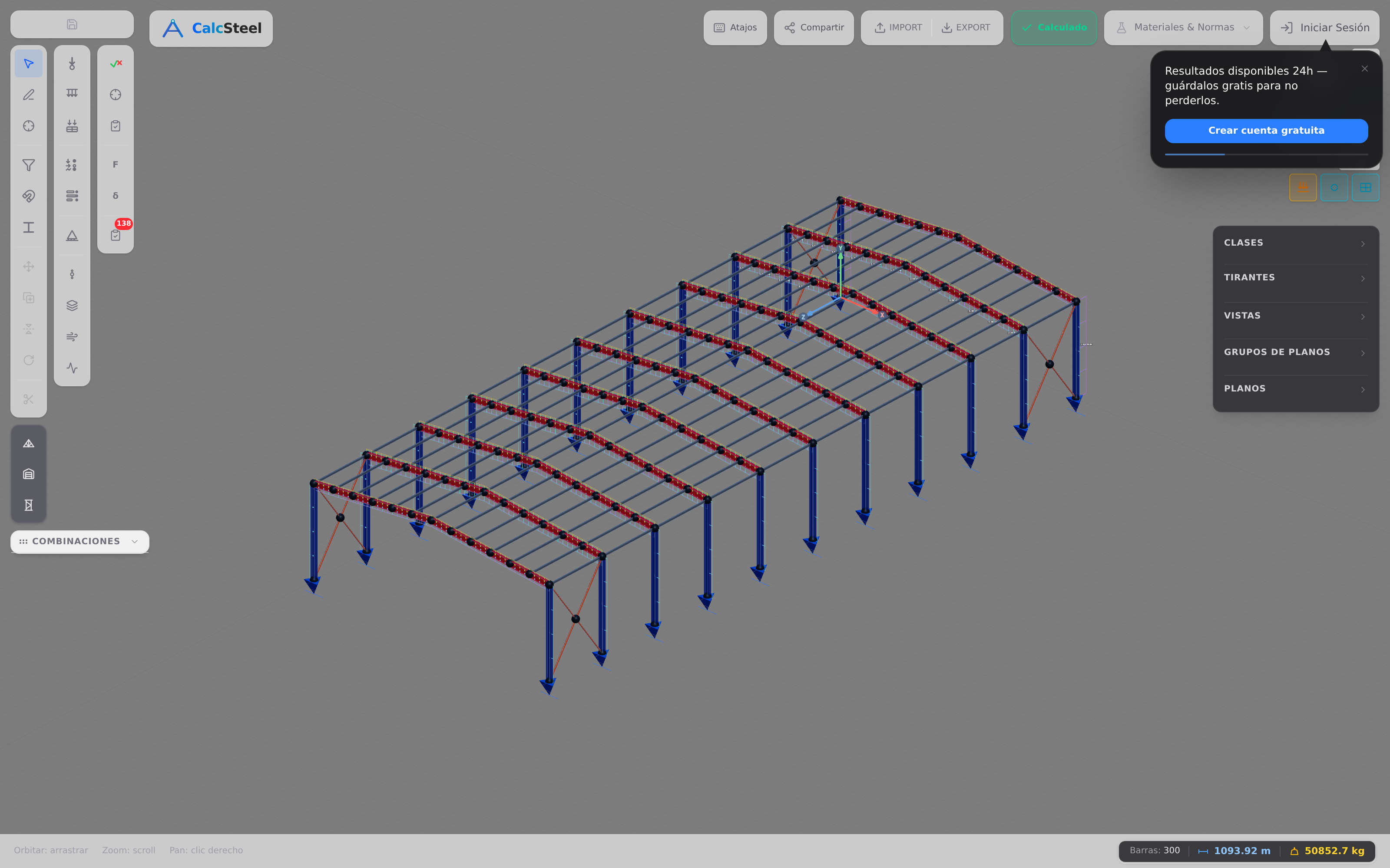Vista de CalcSteel en la app de un pórtico de acero con su diagrama de momento flector (Mz) y verificación de miembros por colores.
