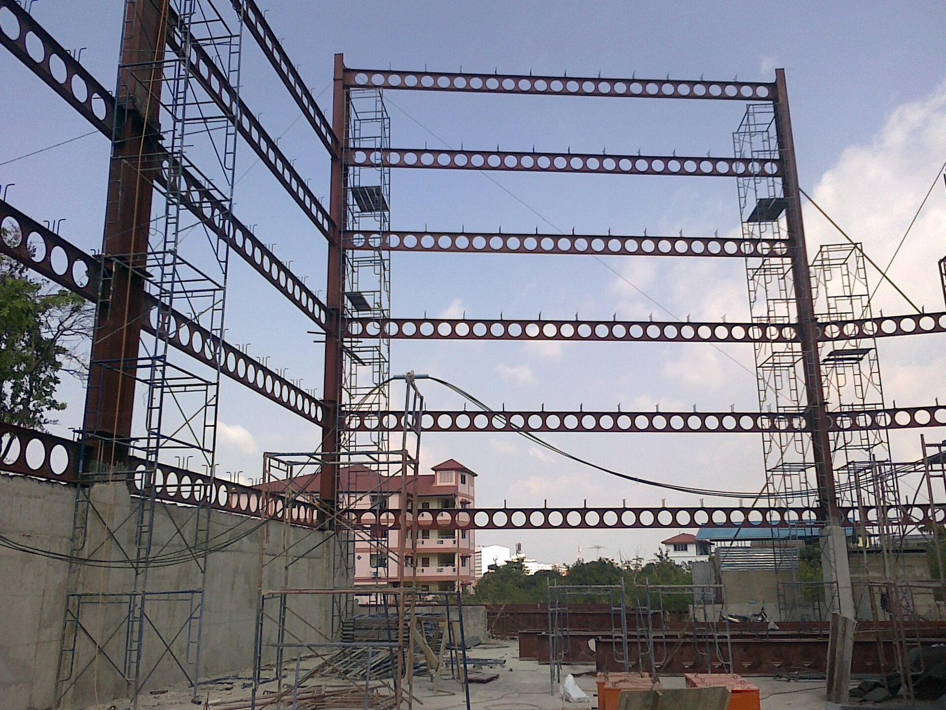 Steel beams and columns on site