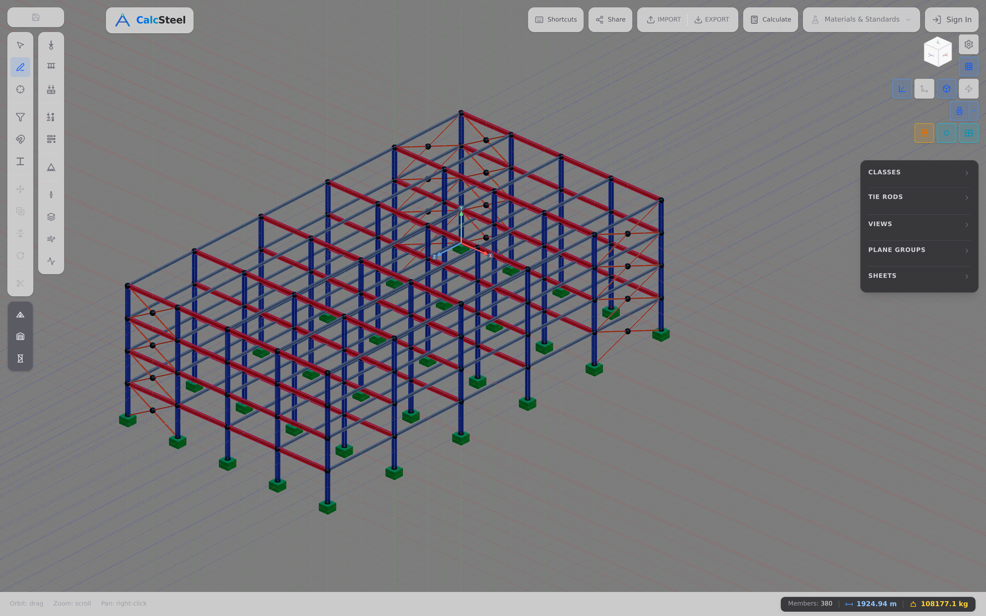 A four-storey steel skeleton modelled in the CalcSteel 3D editor, colour-coded by member type: a regular grid of blue vertical corner posts and red horizontal edge beams, stacked in four levels, sitting on grey square footing plates.