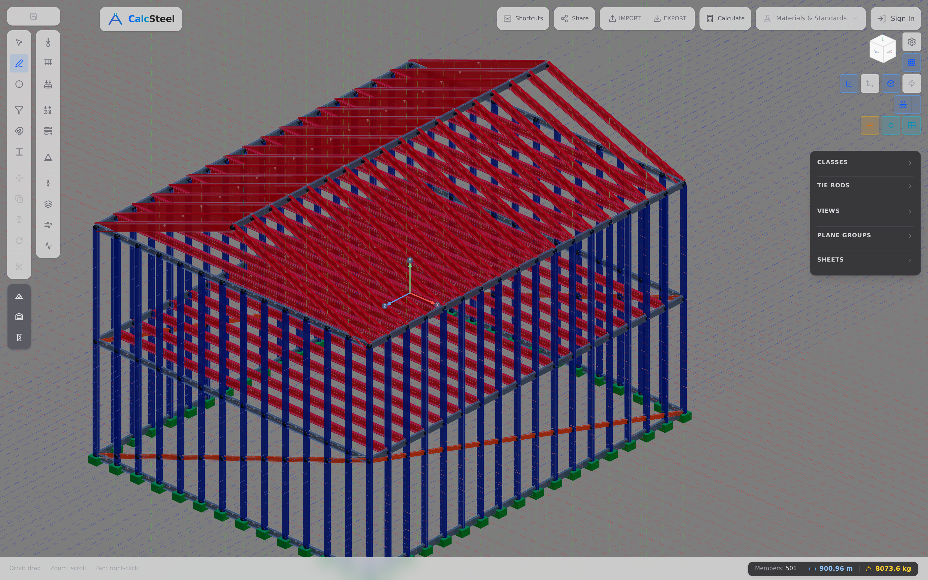 A real multi-storey steel-framed building modelled in the CalcSteel 3D editor — a dense skeleton of steel columns, floor beams, joists and roof members standing on footing plates.