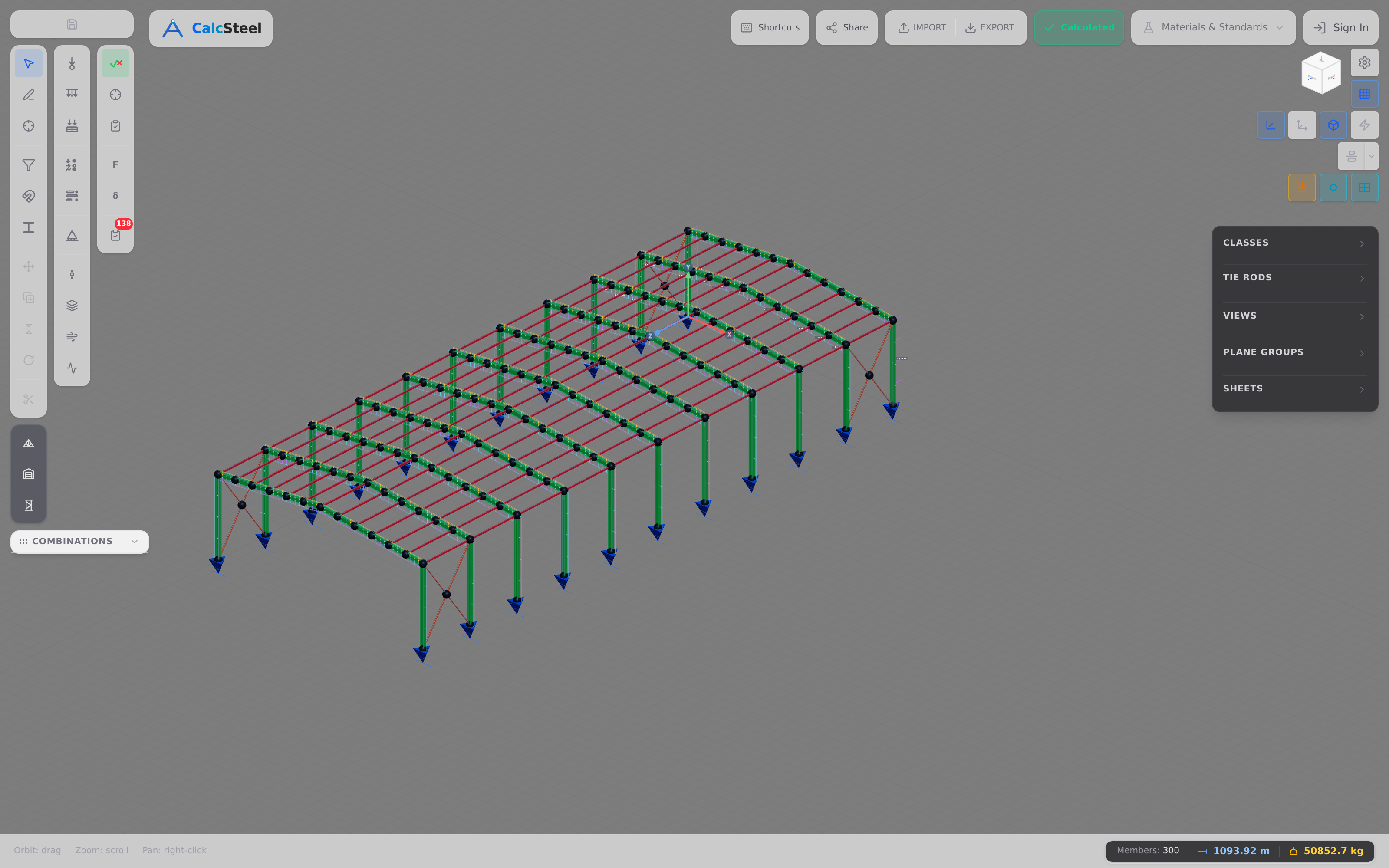 A multi-storey steel-framed building in the CalcSteel 3D editor with its members shaded green after a verification run, showing passing utilisation across the frame under load.
