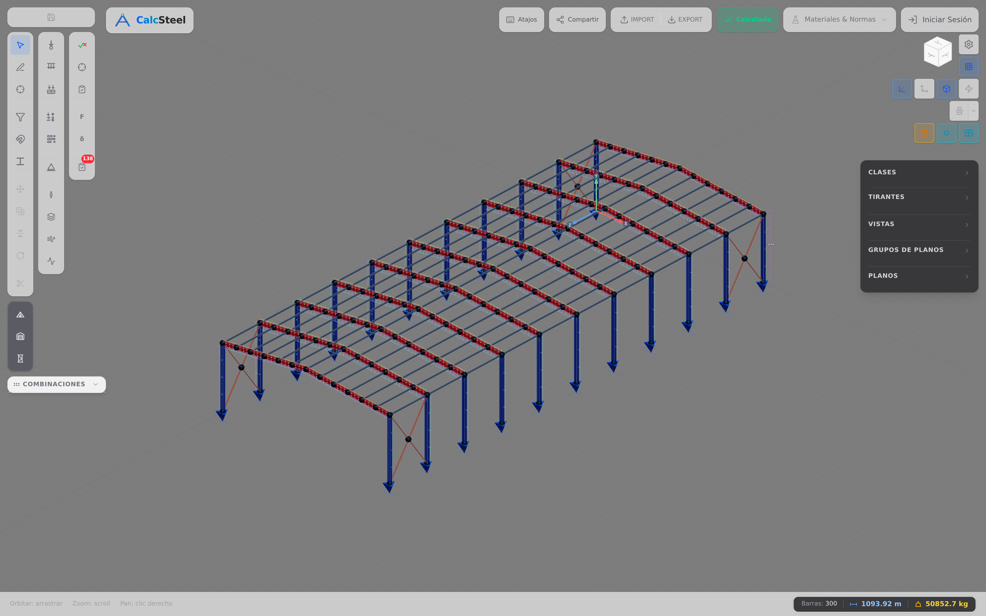 Una estructura de acero modelada en el editor 3D de CalcSteel, el mismo motor de elementos finitos usado para resolver la viga continua hiperestática de dos vanos de este ejemplo