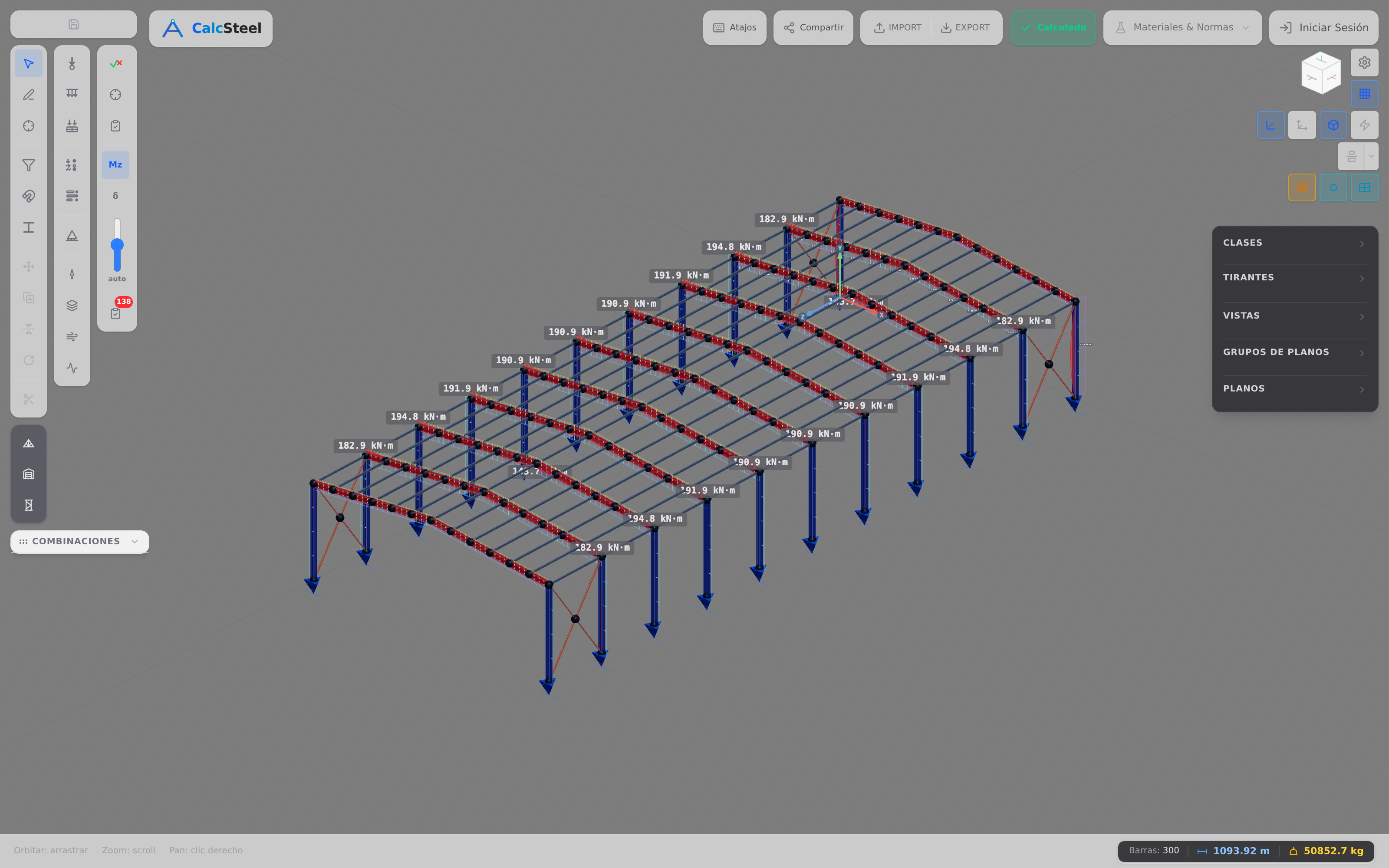 El motor FEM de CalcSteel mostrando un pórtico de acero con su diagrama de momento flector (Mz), picos rotulados en torno a 190 kN·m — los momentos de diseño que deciden cuánta armadura necesita un elemento
