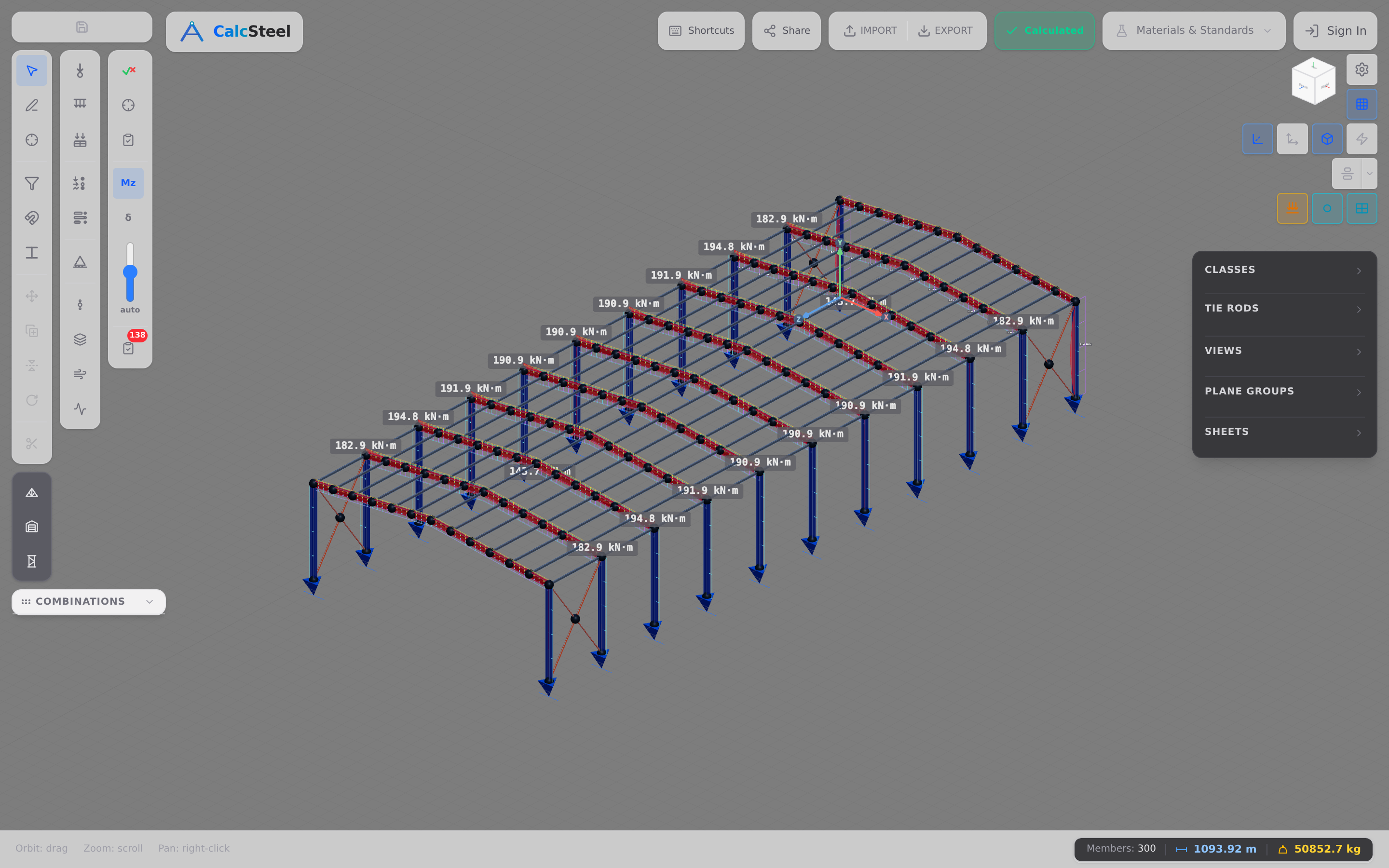 A steel warehouse frame modelled in the CalcSteel 3D editor, shown together with its bending-moment diagram under a downward roof (snow) gravity load case, rafters and columns highlighted with per-member moment values.