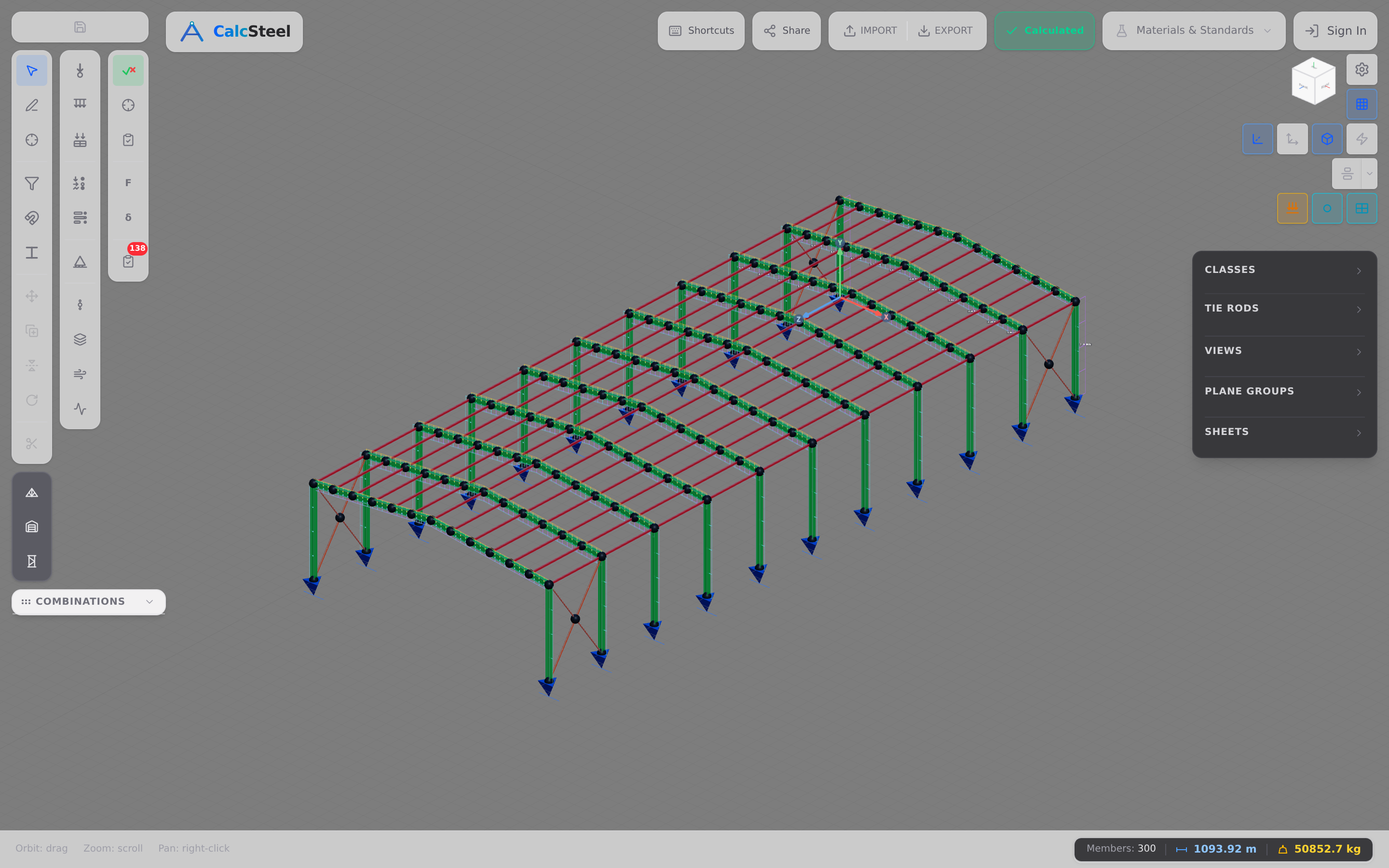 A CalcSteel 3D editor view of the warehouse roof frame with members shaded by utilization under the snow load combination, with the more heavily loaded rafters and connections glowing in warmer high-utilization colours against the cooler low-utilization members.