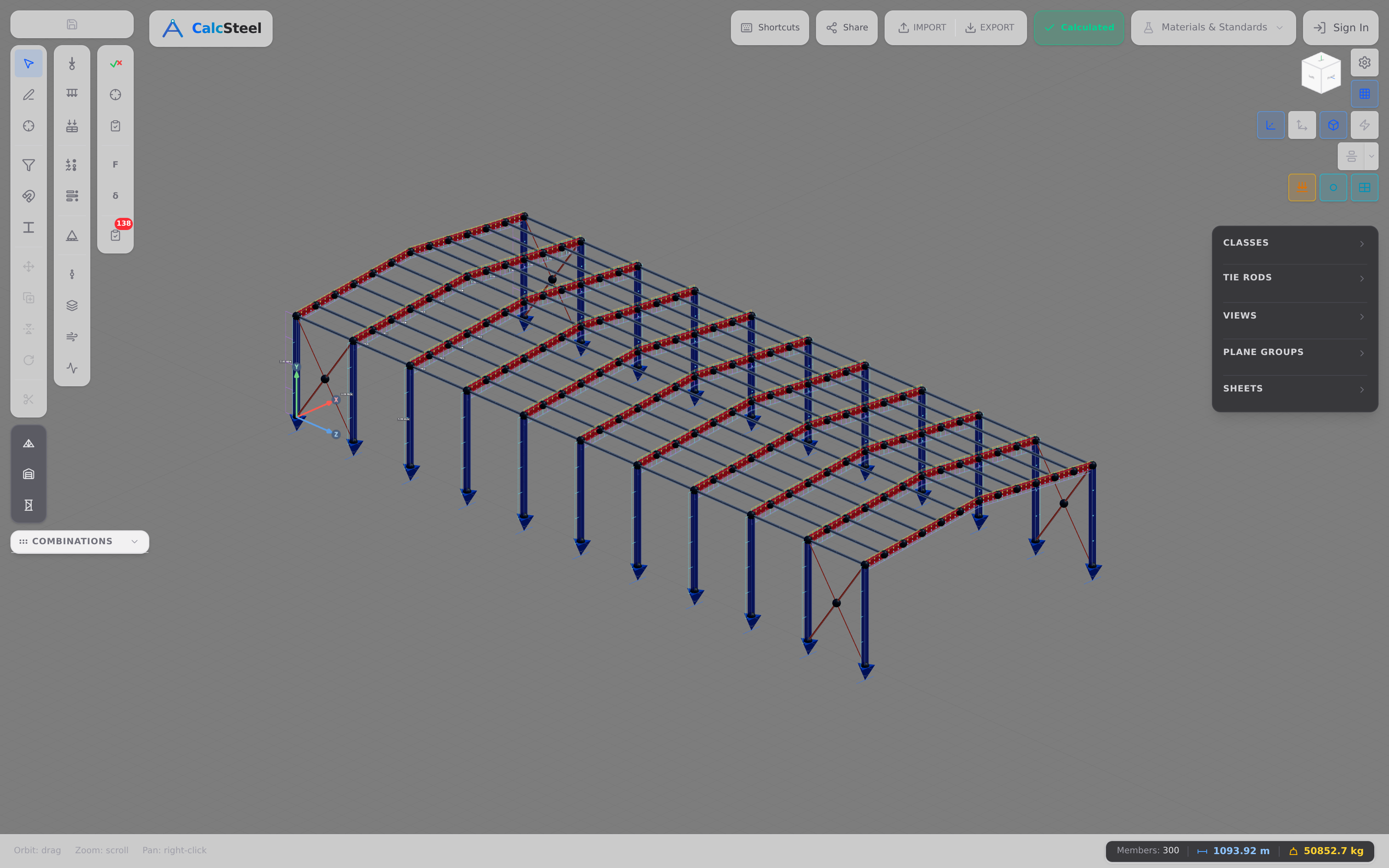 Real 3D warehouse model in the CalcSteel browser-based structural analysis editor