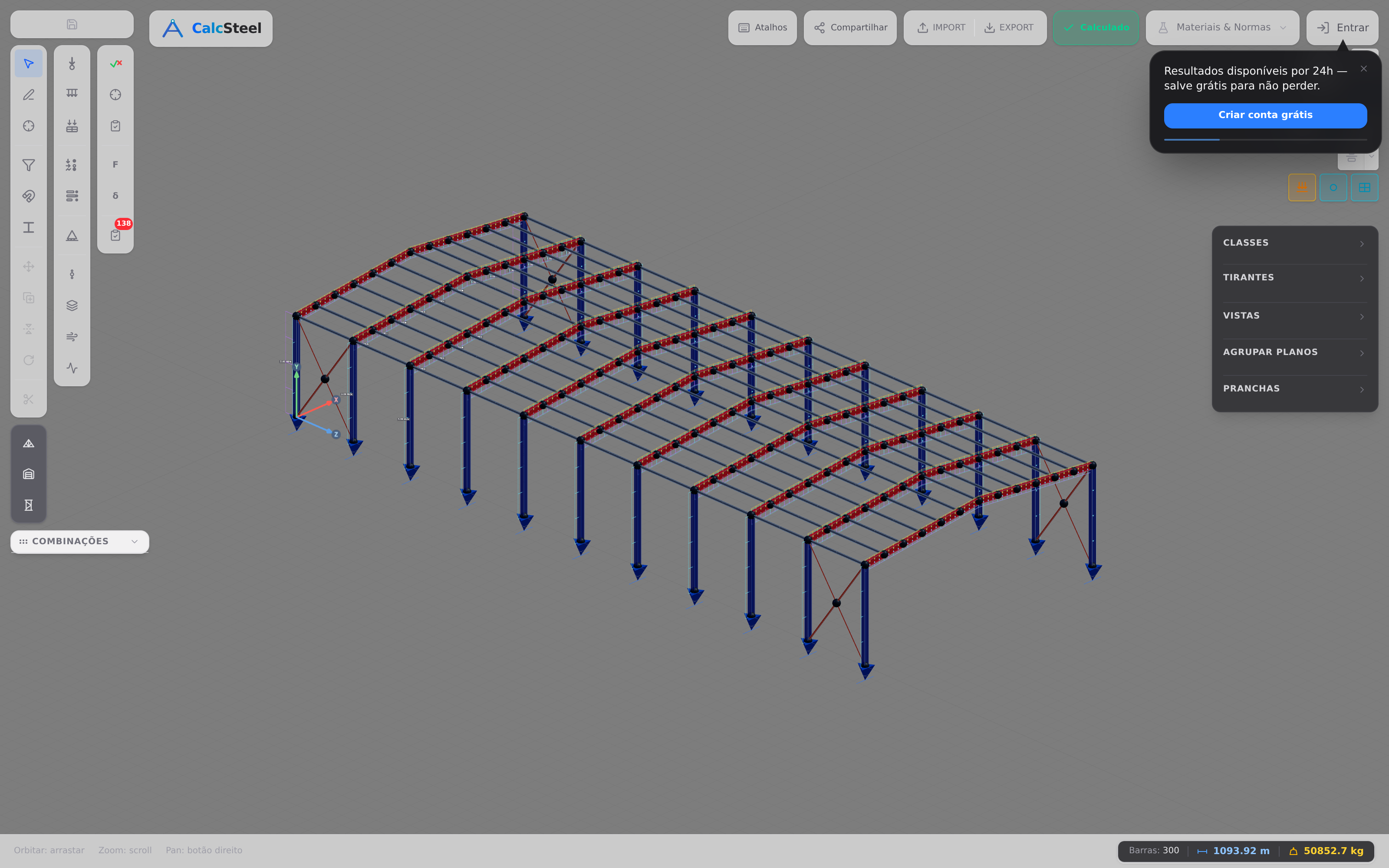 Modelo 3D real de um galpão no editor de análise estrutural do CalcSteel, nativo do navegador