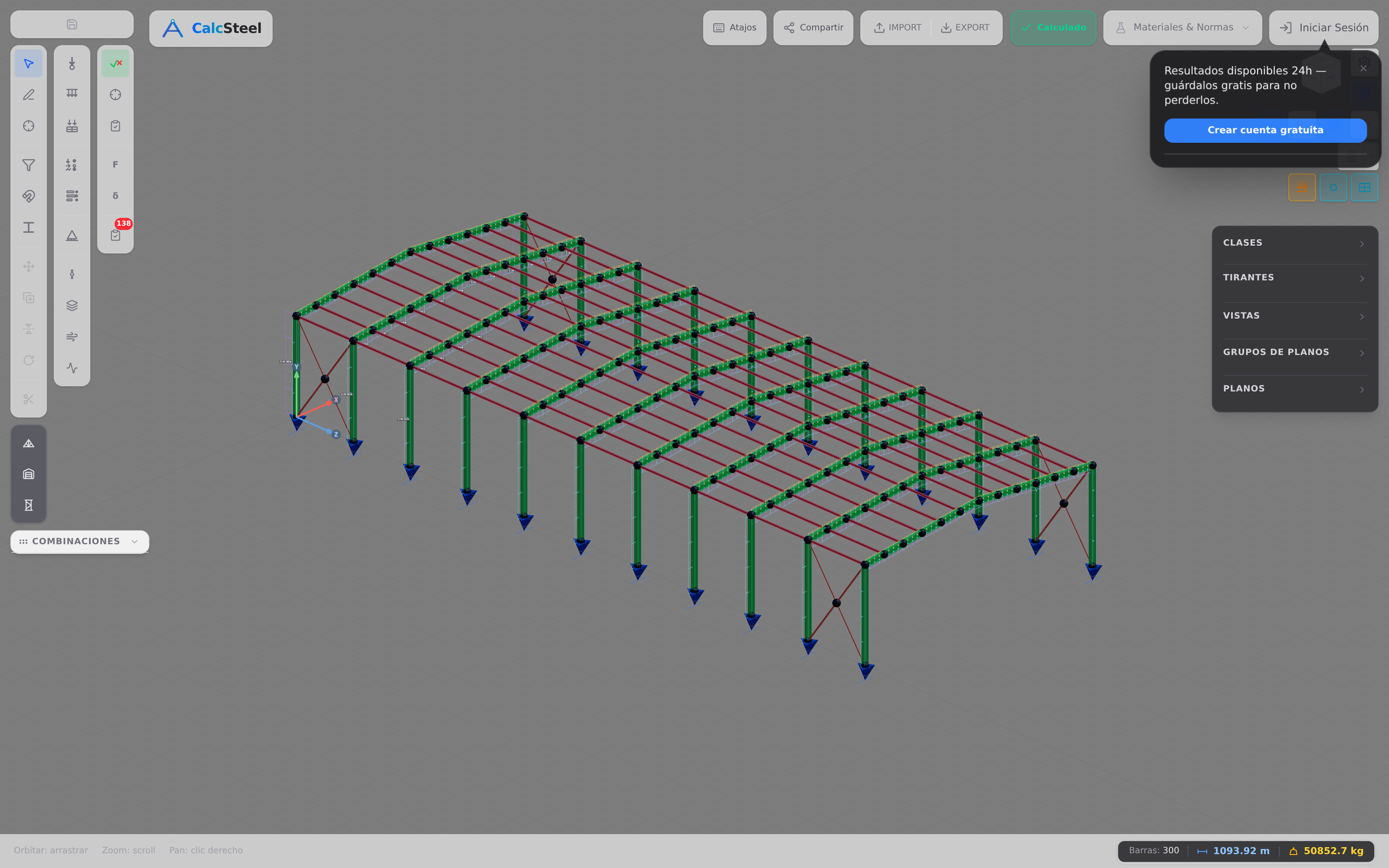 Modelo 3D de CalcSteel con las barras codificadas por color según la utilización de la verificación de norma, de baja (verde) a gobernante (rojo)