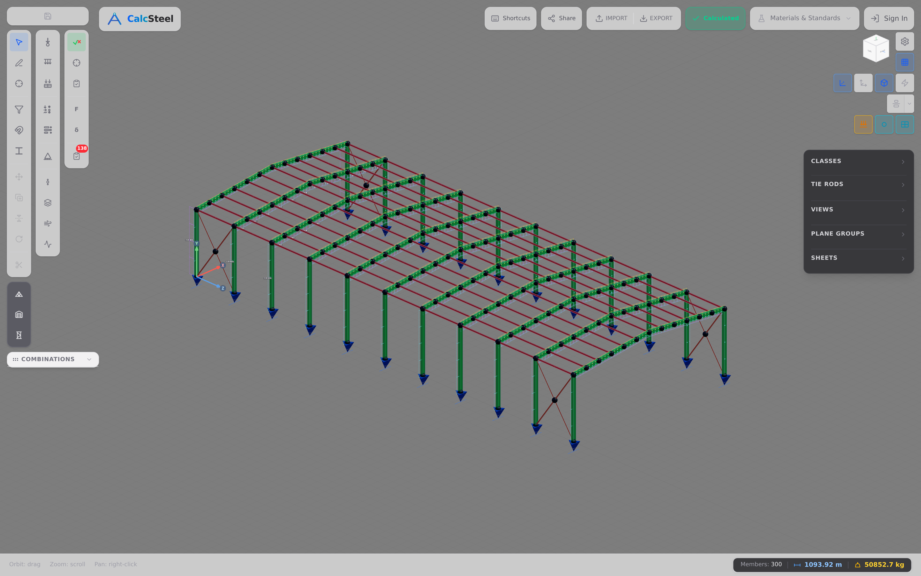 CalcSteel 3D model with members colour-coded by code-check utilization, from low (green) to governing (red)