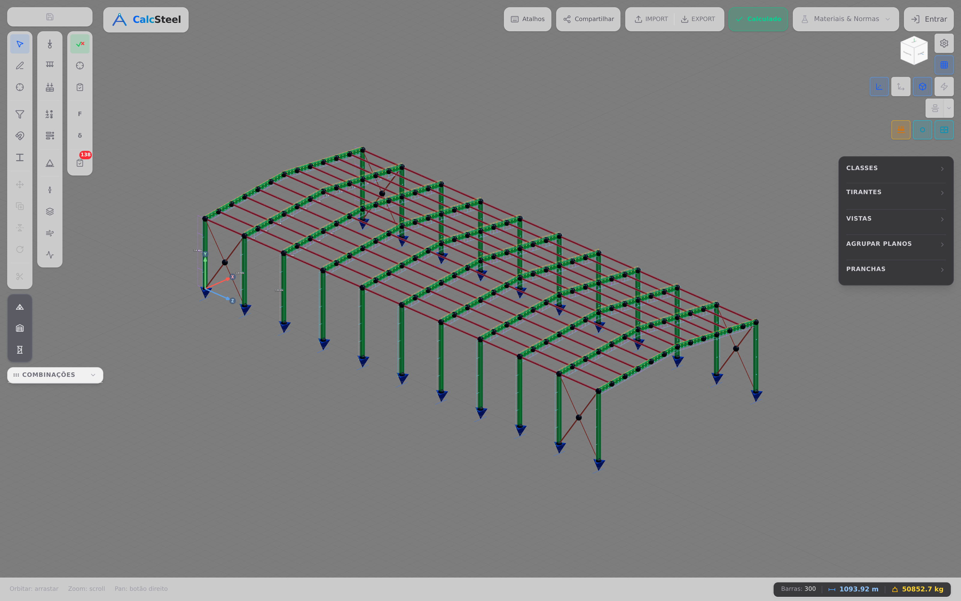 Modelo 3D do CalcSteel com barras coloridas pela utilização da verificação normativa, do baixo (verde) ao governante (vermelho)