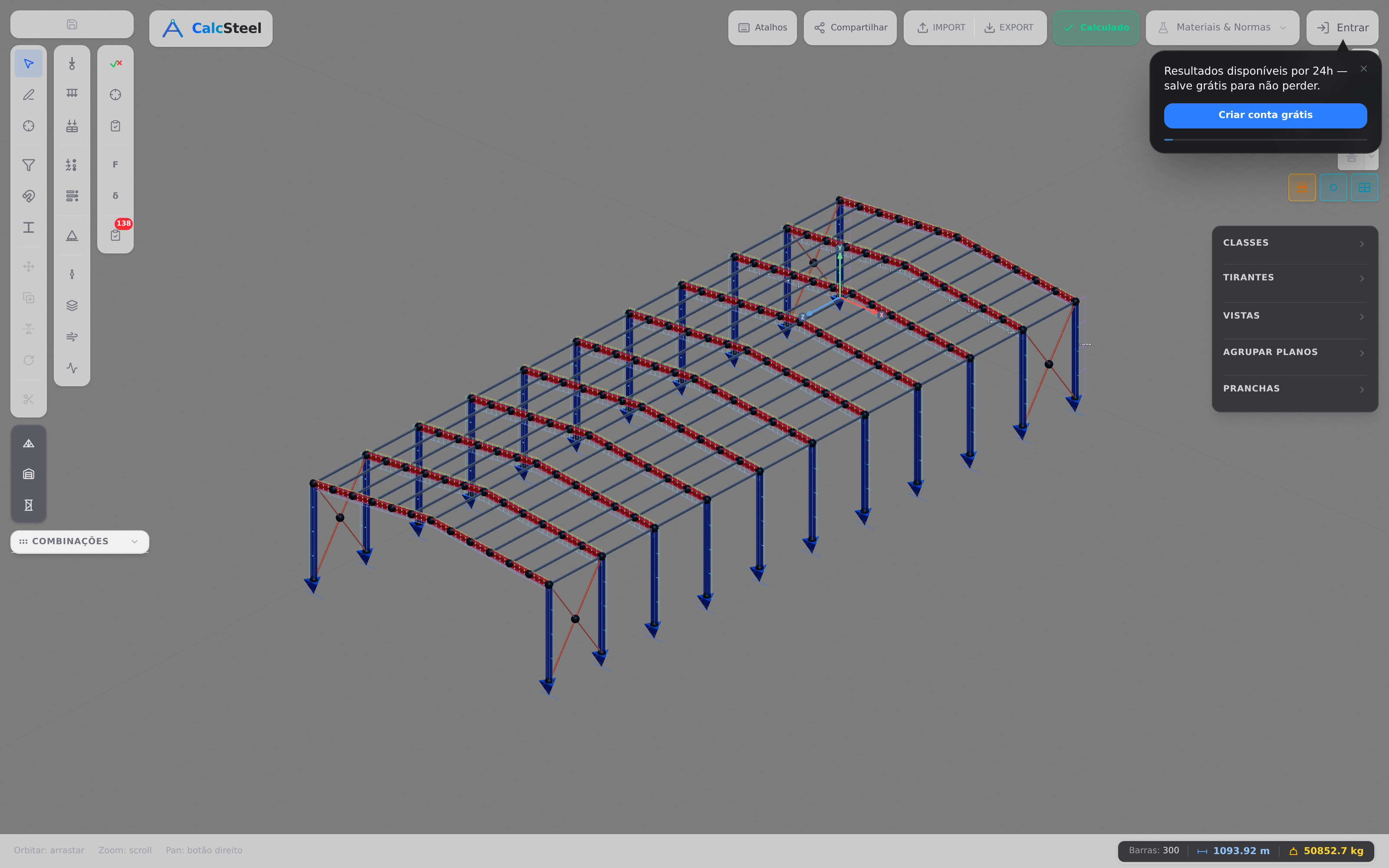 Uma estrutura completa de pórtico de aço modelada no editor 3D do CalcSteel, com travessas, pilares e ligações renderizados por inteiro — o ponto onde a curva tensão-deformação de um material se torna um edifício de verdade.