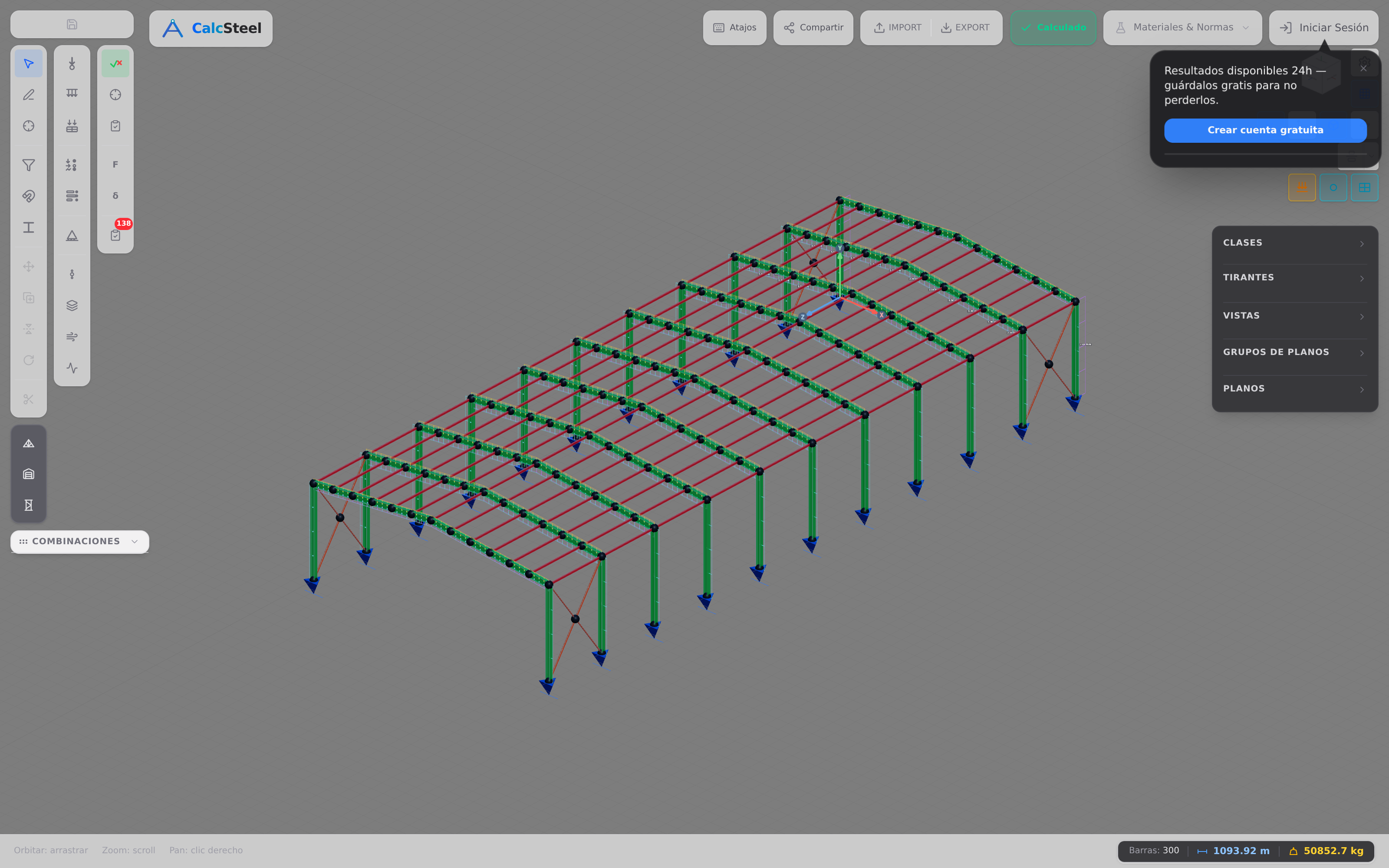 El editor 3D de CalcSteel mostrando un pórtico resuelto con las barras coloreadas según su utilización, el cabio IPE 330 destacado en verde al 84% de la fluencia con su momento pico de 141,3 kN·m y su fuerza axial de 23,5 kN anotados.