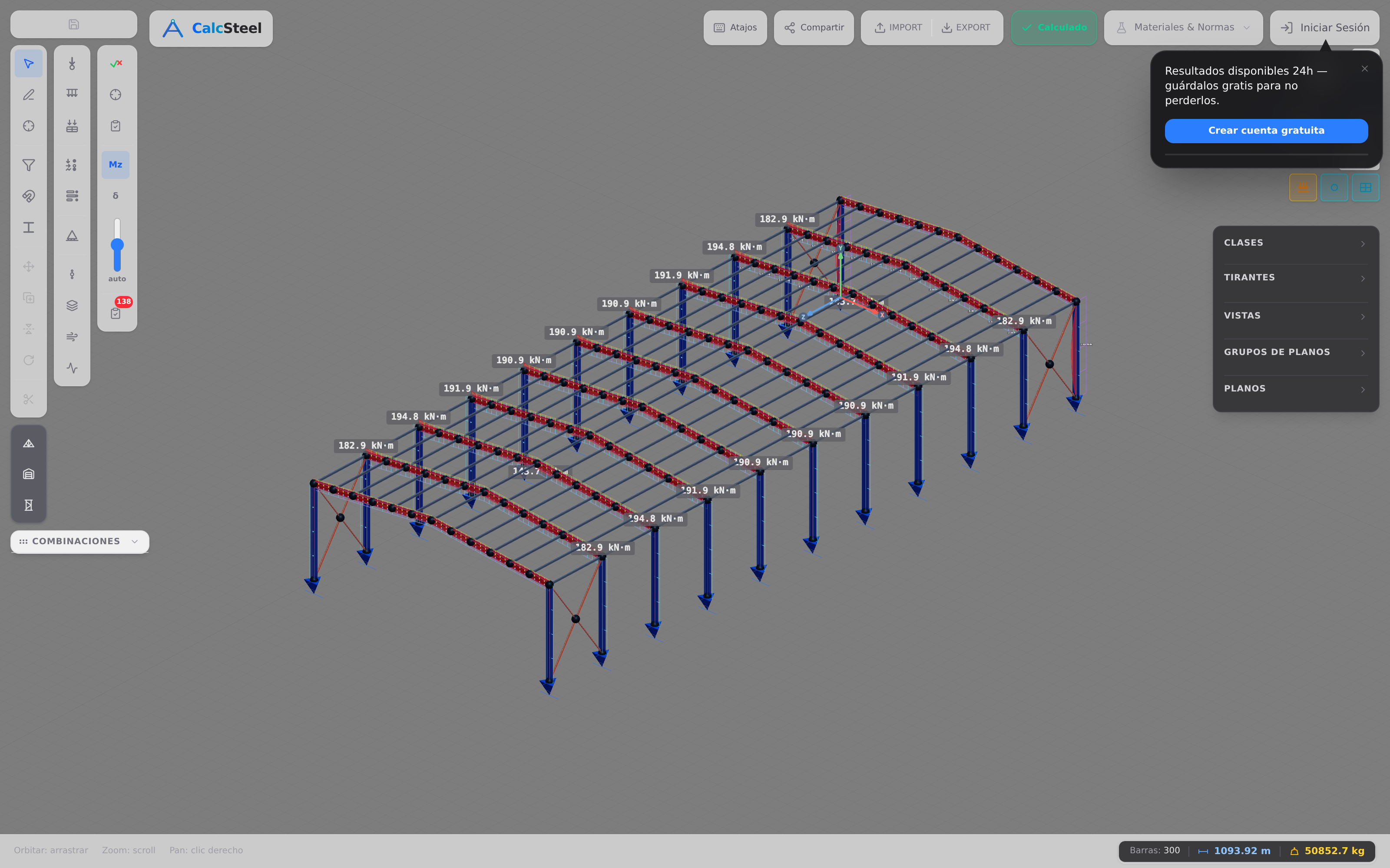 Una nave de pórtico de acero modelada en el editor 3D de CalcSteel, mostrada junto con su diagrama de momento flector bajo un caso de carga de viento, con pilares y dintel resaltados.