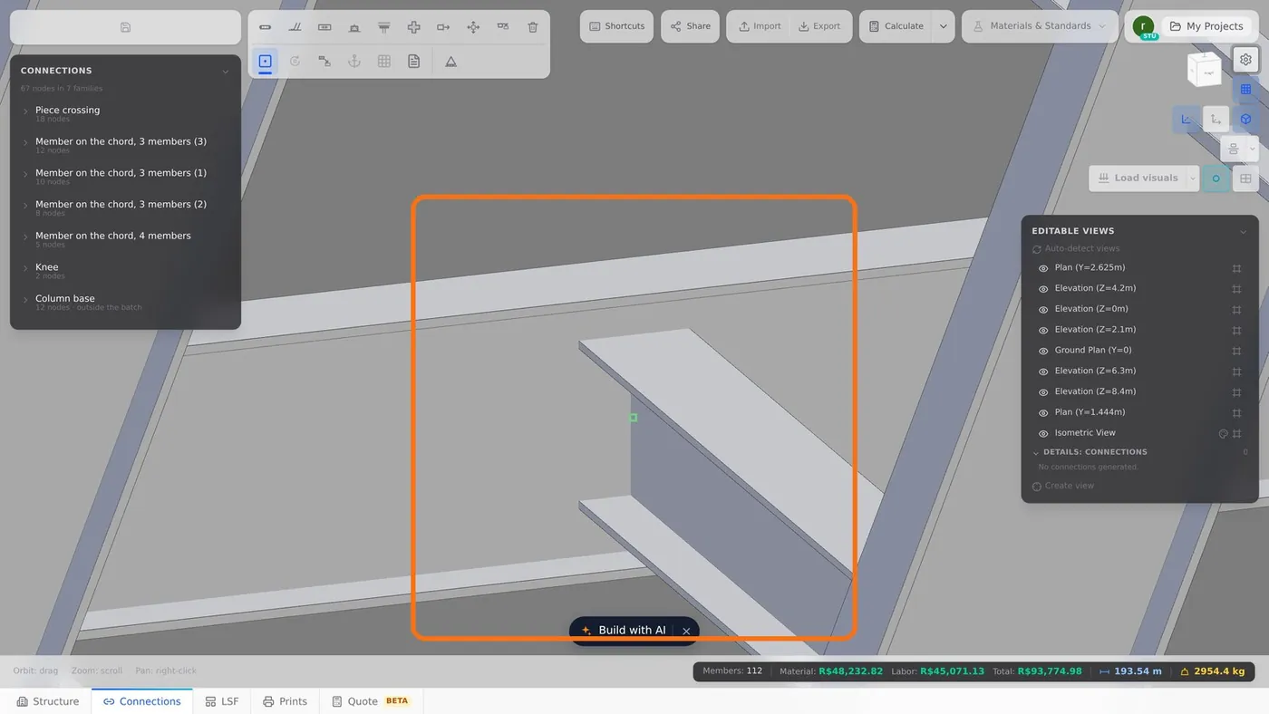 The chalet mezzanine: joist BM1 (W150x18) reaches beam M11 (W250x25) on the axis, and its top sits below the top of the beam.