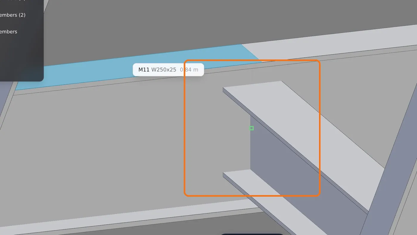 First click: the top face of beam M11 becomes the reference and lights up.