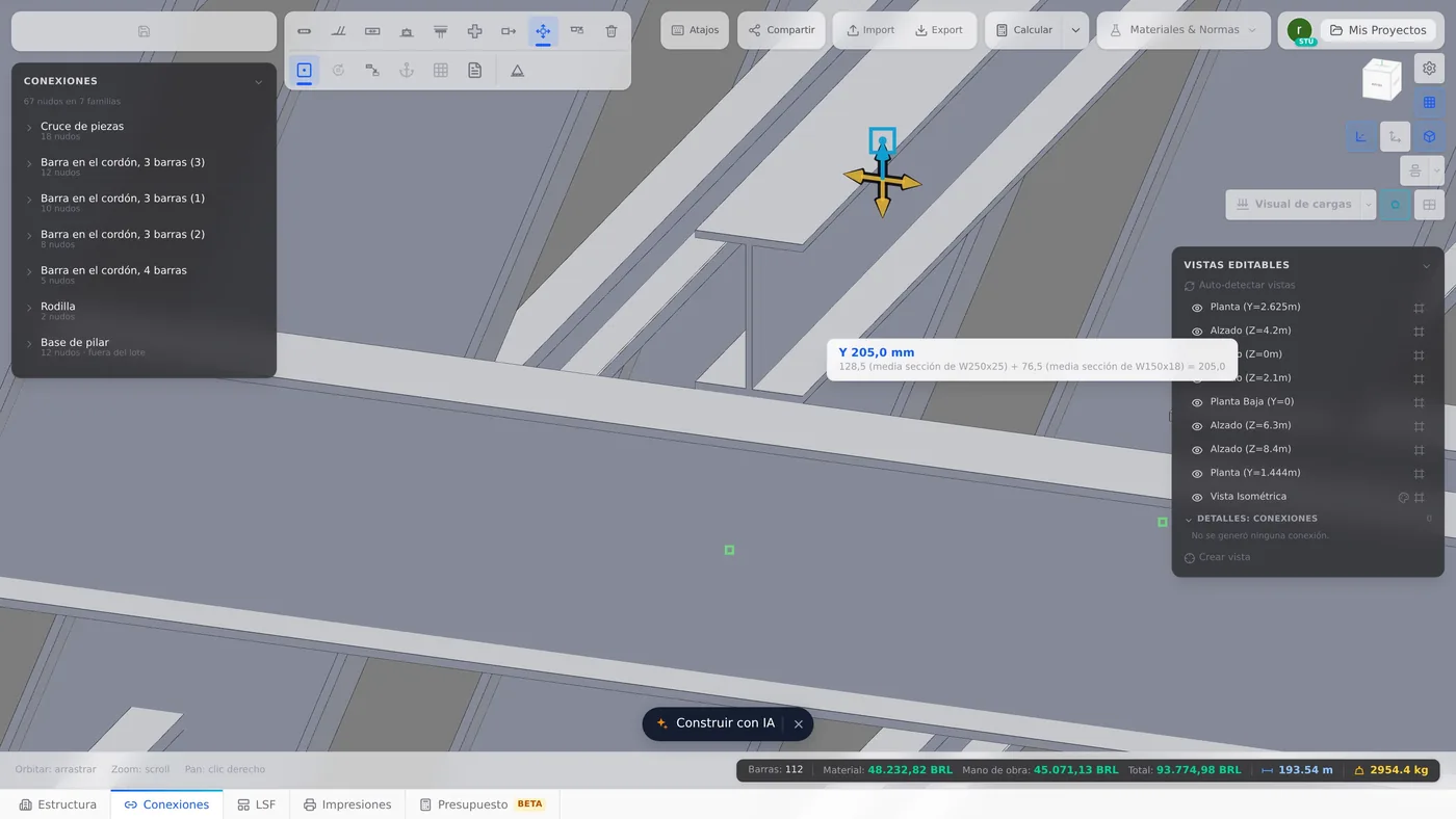 La flecha de arriba se ajustó a la cara de la viga: 205 mm, la mitad de la viga más la mitad de la vigueta.