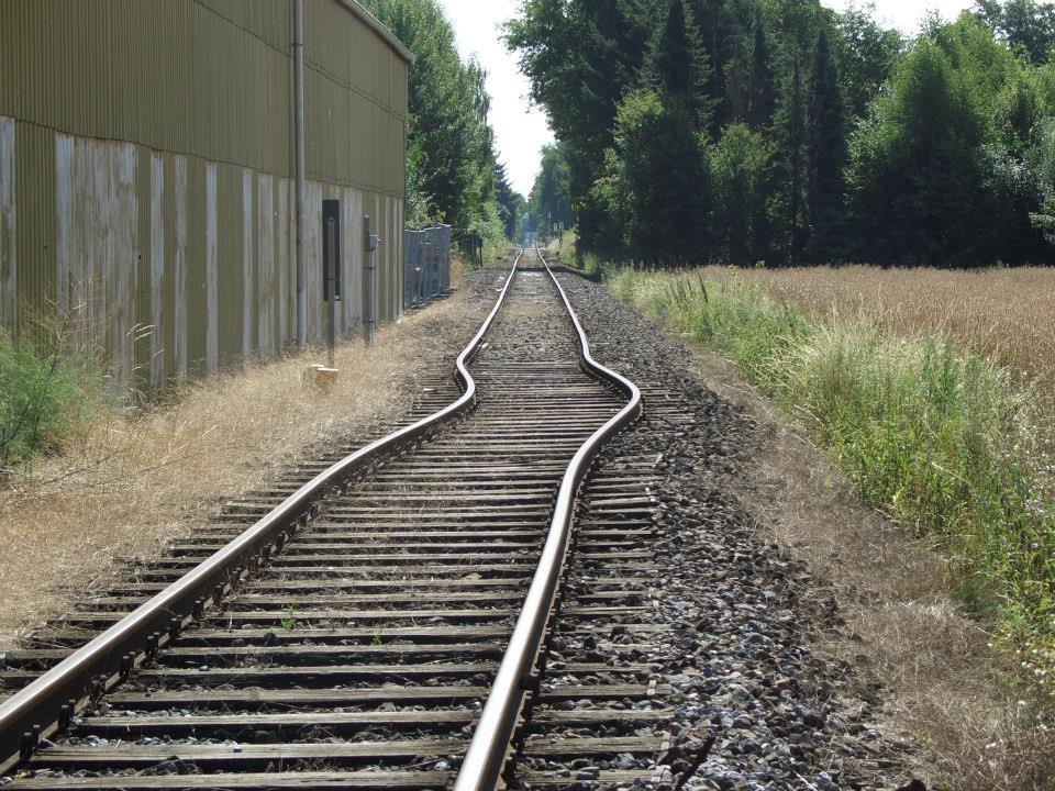 Abandoned railway track buckled into an S shape by summer heat