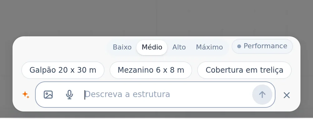The Build with AI card open over the empty project: the level and Performance at the top, three suggestions in the middle and the text field at the bottom.