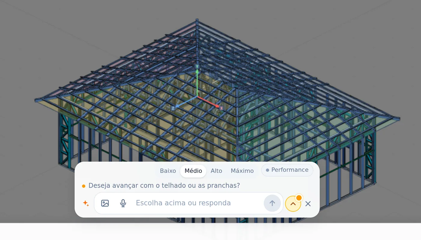 The house from request 1 in the 3D view, with a four-plane roof, and the AI card at the bottom waiting for an answer.