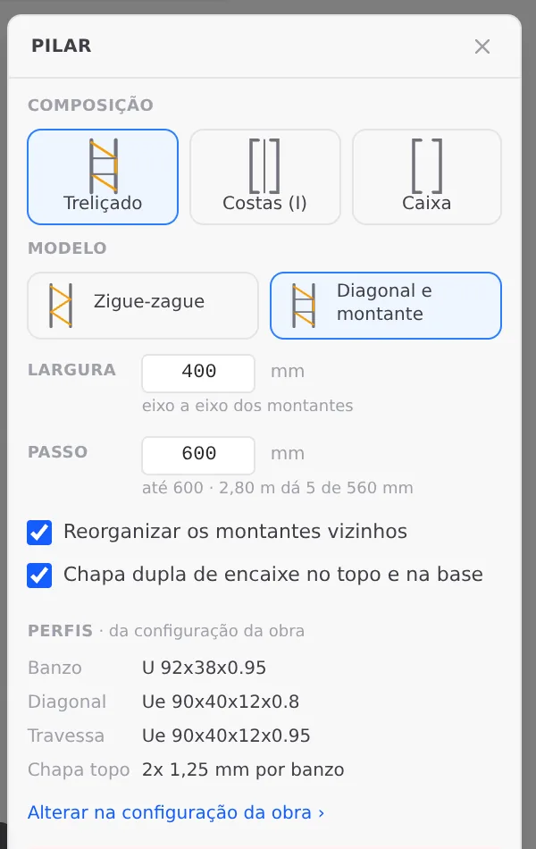 The Column box, with the tool armed: Lattice make-up, Diagonal and strut model, 400 mm width, 600 mm spacing, and the sections the column borrows from the project settings.