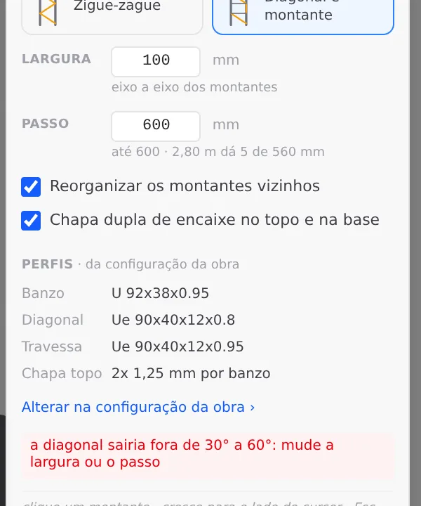 Width 100 mm: "the diagonal would fall outside 30° to 60°: change the width or the spacing".