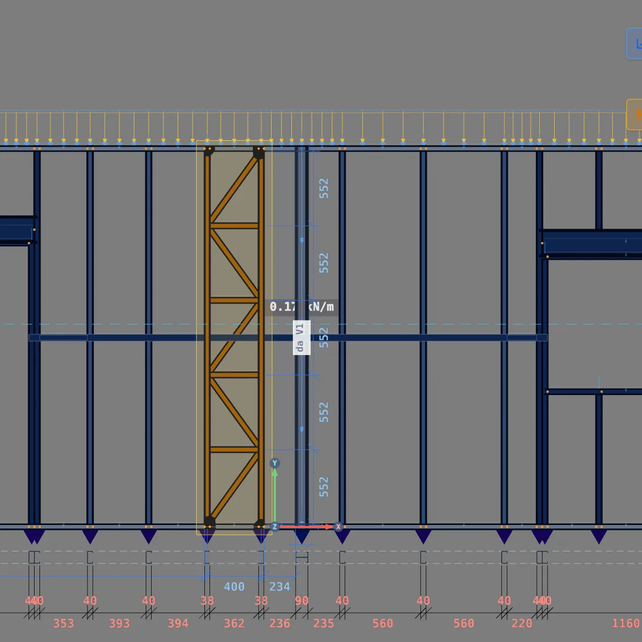 The lattice column in the front wall: five 552 mm panels up the height, 400 mm between chords, and the dimensions at the bottom already showing the new layout.