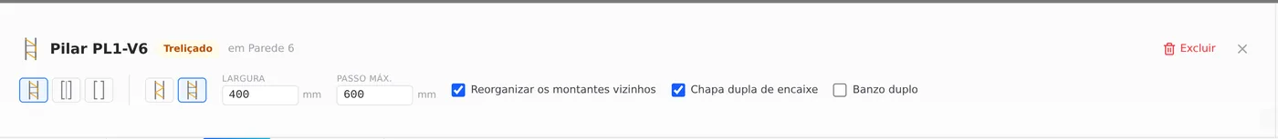 The column footer, "Pilar PL1-V6 · Treliçado · em Parede 6" (column PL1-V6, lattice, in wall 6), with the make-up and model buttons, width, maximum spacing, the two checkboxes and Double chord.