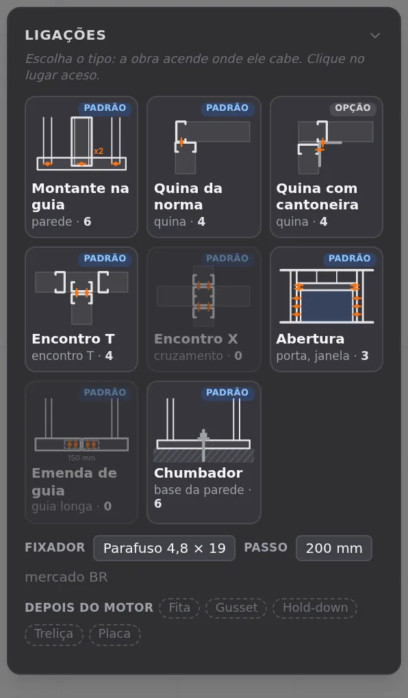 The panel open, nothing armed. In the footer, the corner rule: 4.8 × 19 screw every 200 mm, Brazil market.