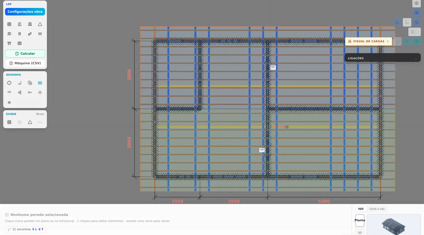Plan of the house on the LSF tab, with the dimensions of the interior walls and the joint counter at the bottom