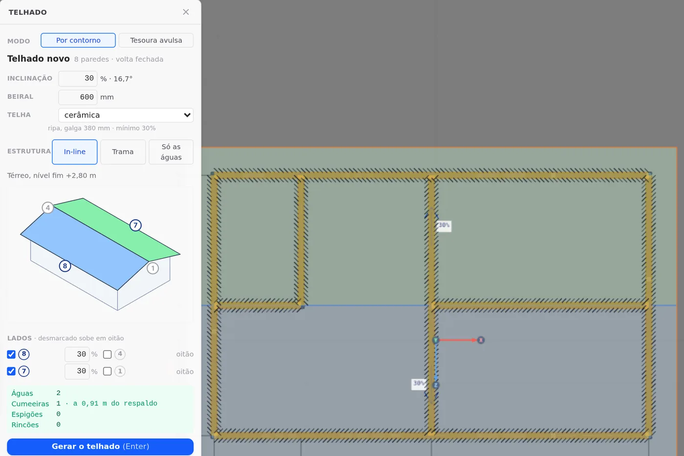 Roof box by outline before generating, with sides 1 and 4 cleared and the green summary