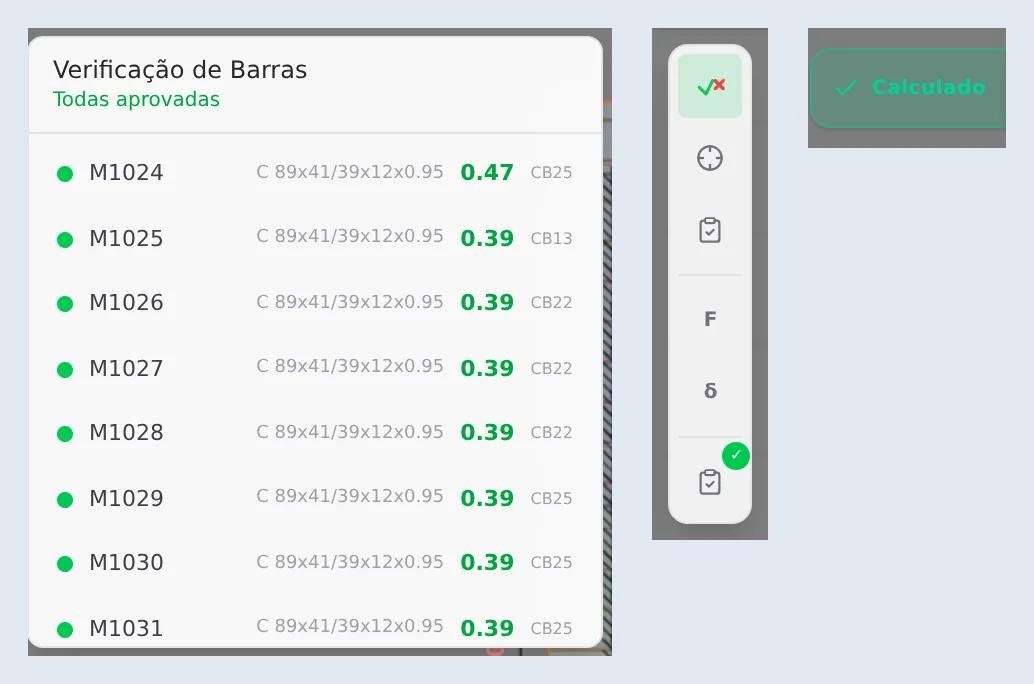 Bar Verification card with All passed, the results card column and the Calculated button