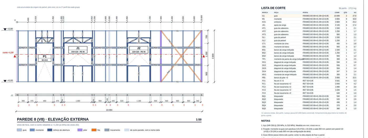 Sheet of Parede 8, exterior elevation with the panel cut list