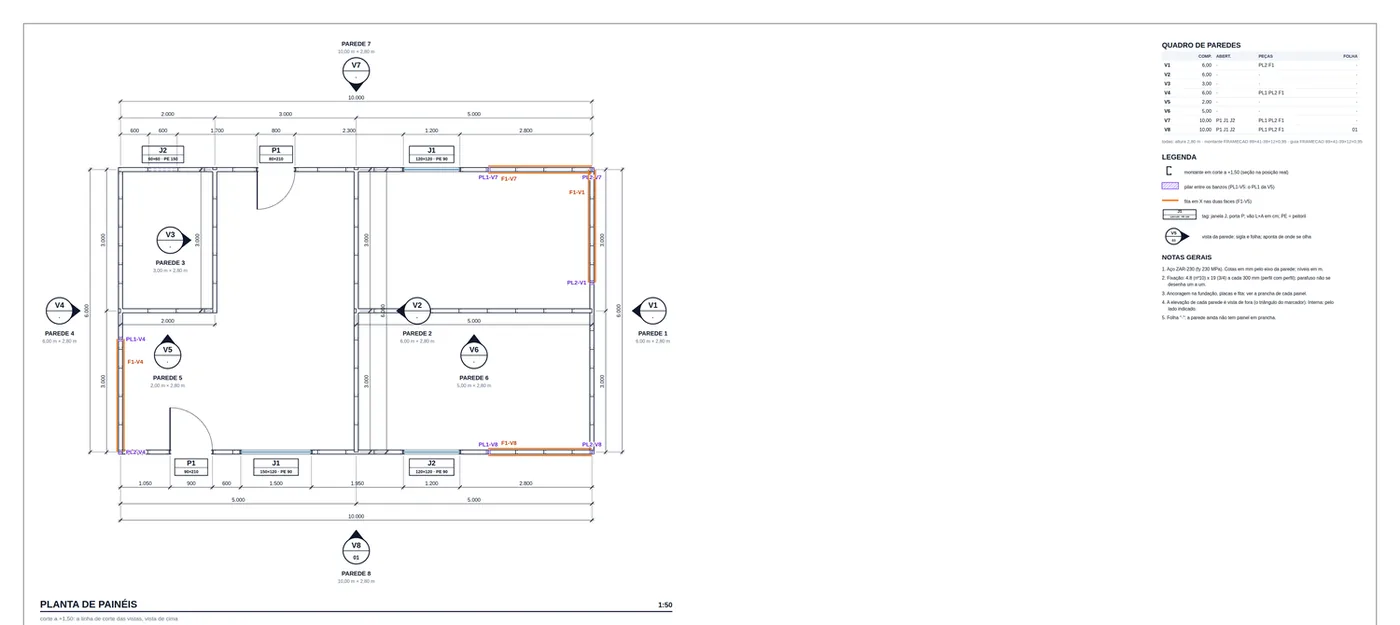 Panel plan of the house with walls V1 to V8
