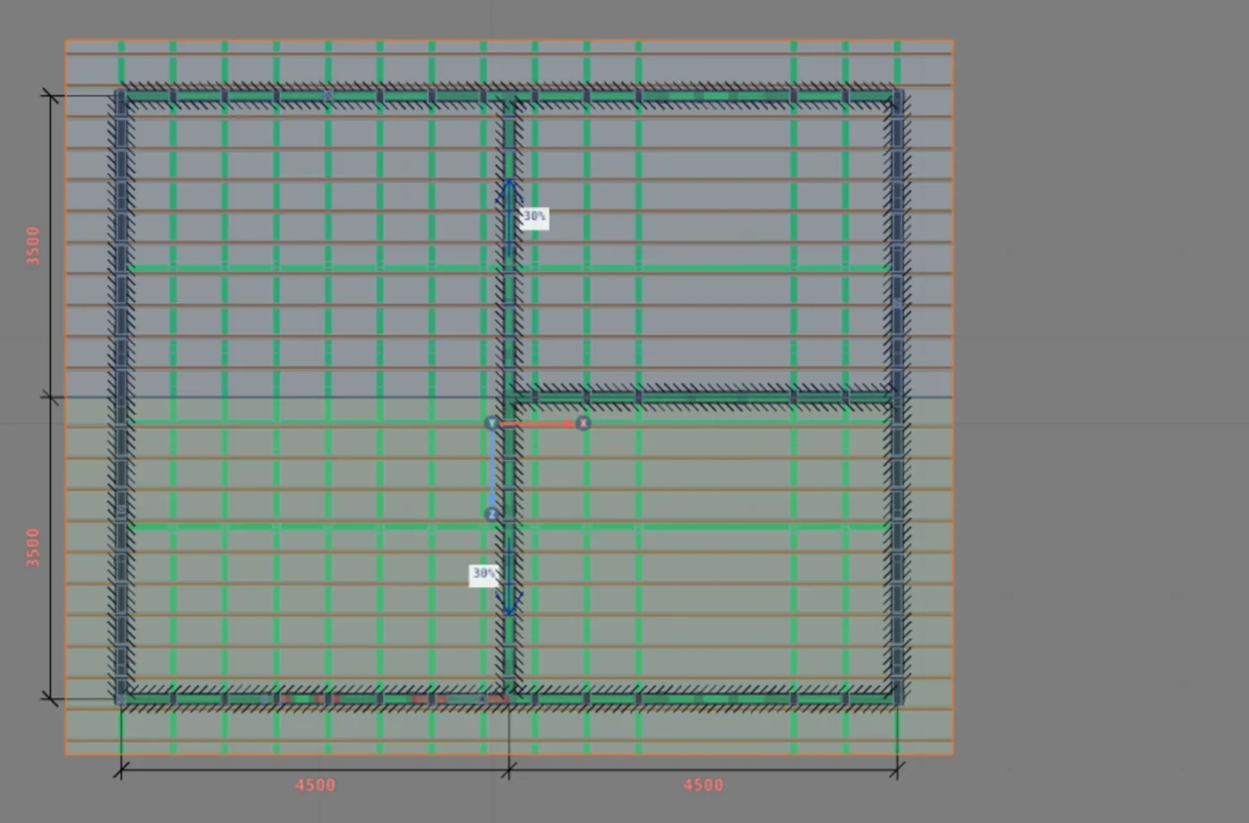 The calculated 9 x 7 m house, in plan with the check colors