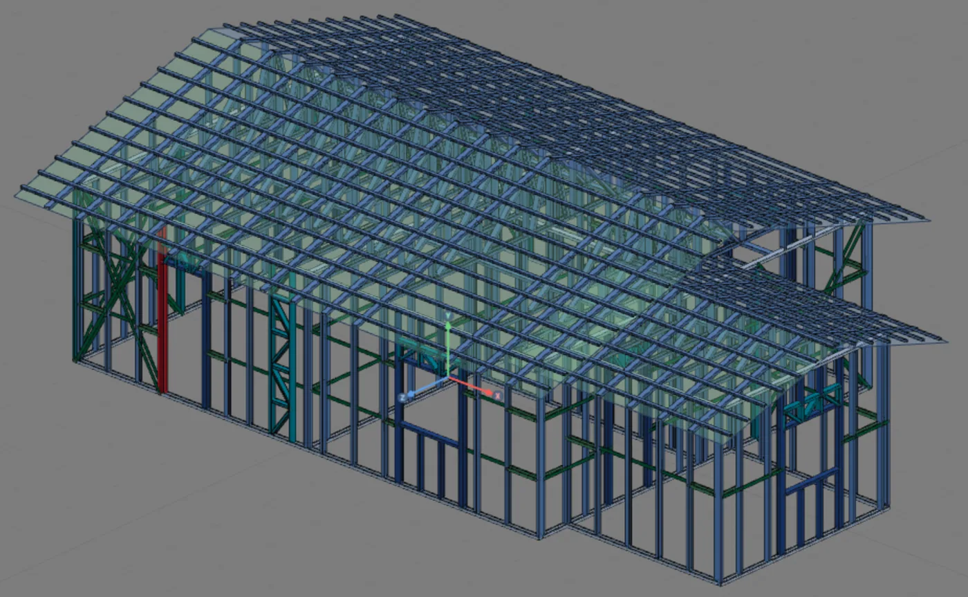 The extended house in 3D, with TL2 against the TL1 gable