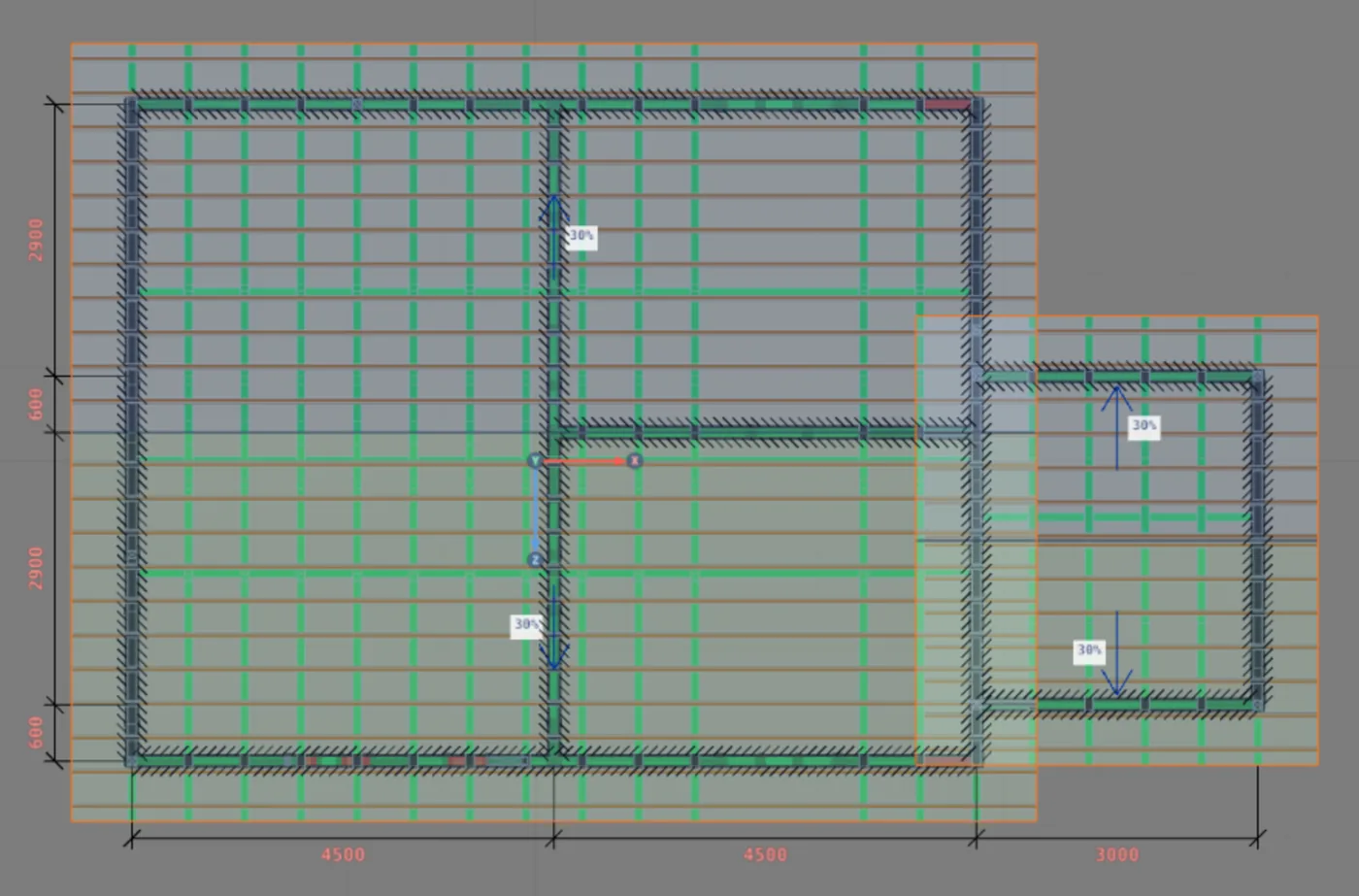 Plan of the extended house before the fix, with the suite's own roof and the check colors