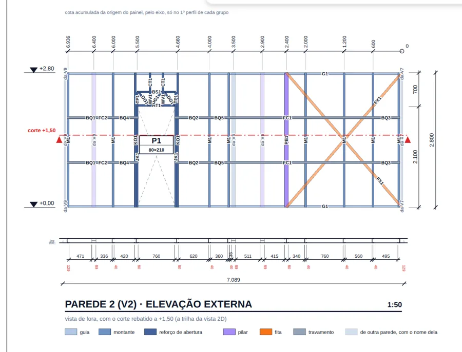 Sheet of Panel V2, Wall 2, in A3, with door P1