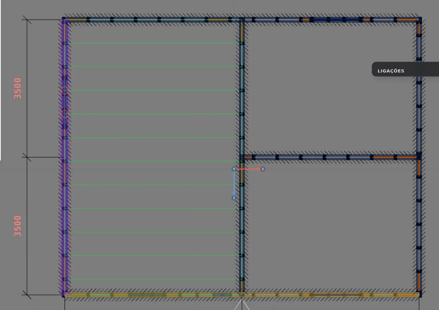 The preview: joists along X, the governing wall in violet, the rings at the ends.