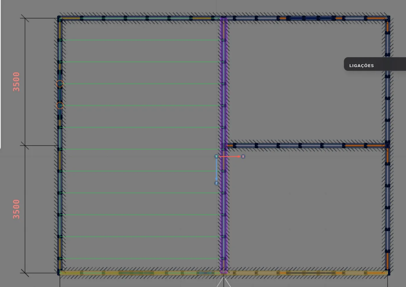 After G: Wall 1 governs, in violet, and the joists move to its grid.