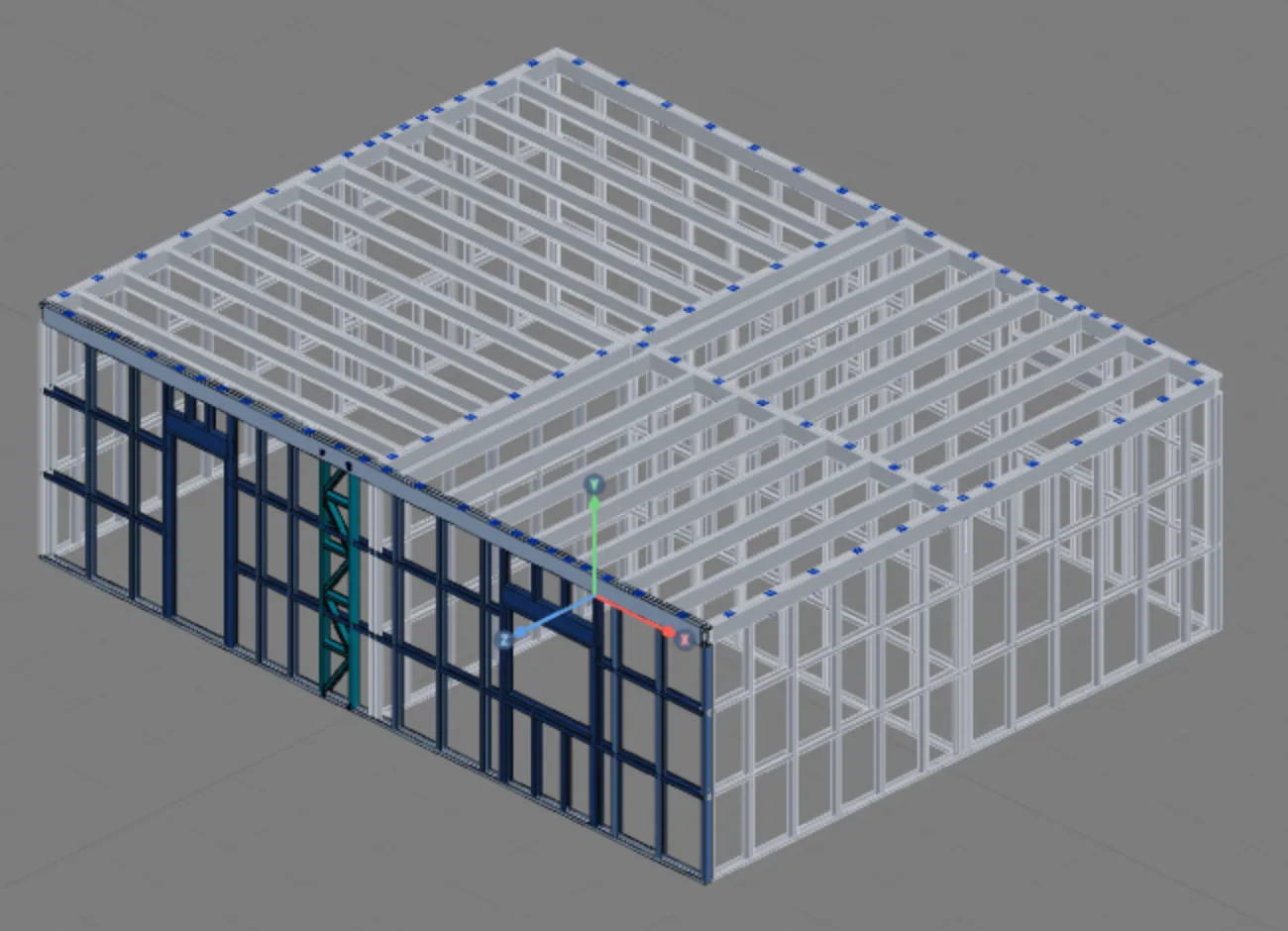 In 3D: the 25 floor joists on top of the walls of the house.