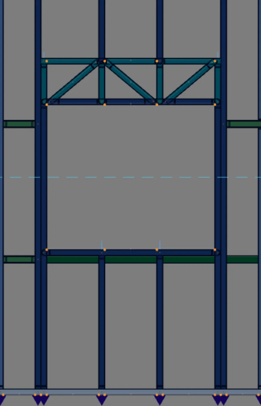 J1 in the front wall view, before the colors: king studs, jack studs, head track, lattice header, sill and cripple studs.