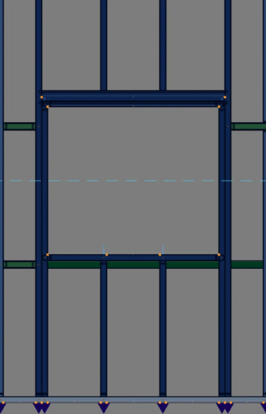 J1 with the box header. The lattice is gone: the header is a single piece, from king stud to king stud, just above the head track, which still bears on the jack studs. The upper cripple studs start on the header.