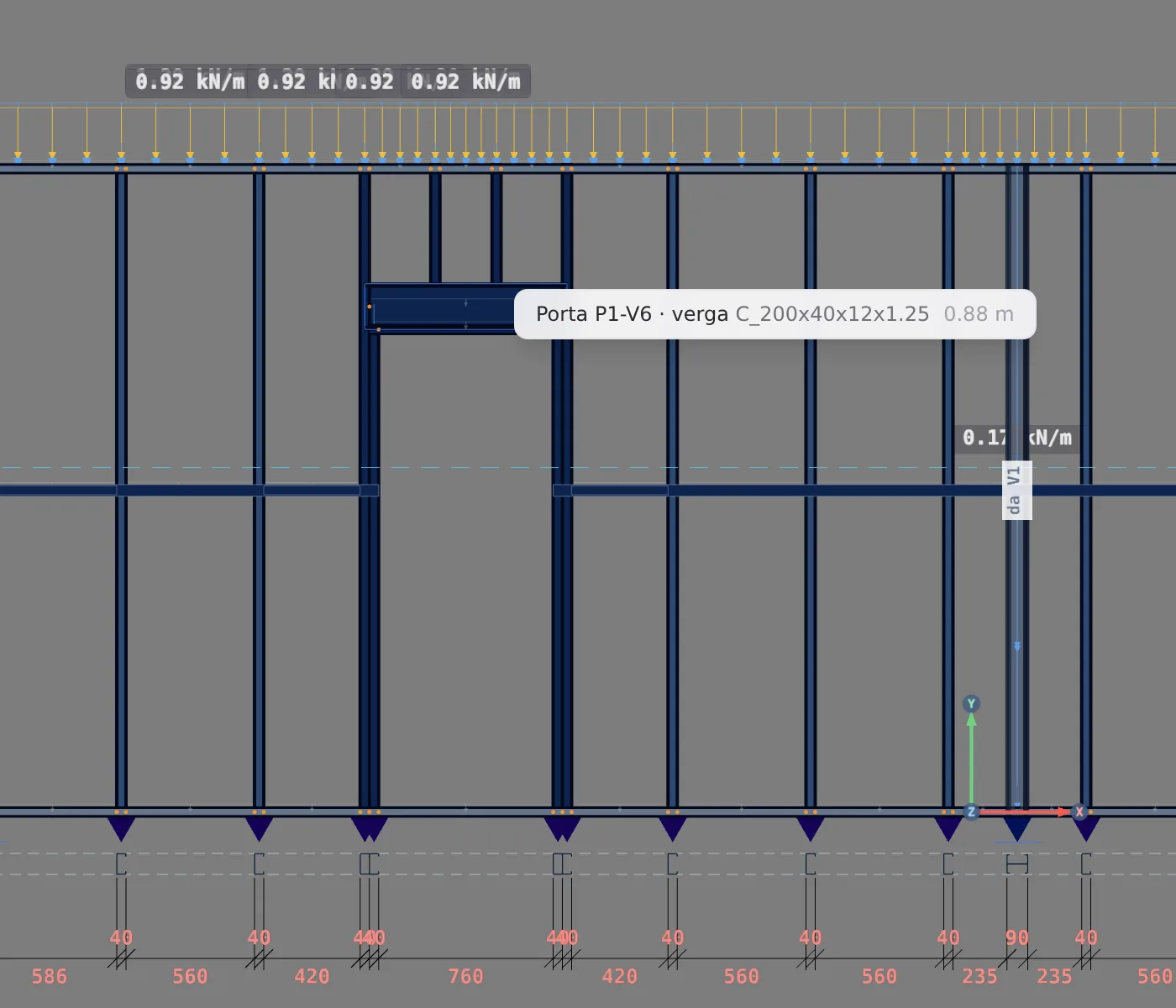 The cursor over the door header: "Porta P1 80 · verga Ue 200x40x12x1.25". Above, the loads that reach the wall.
