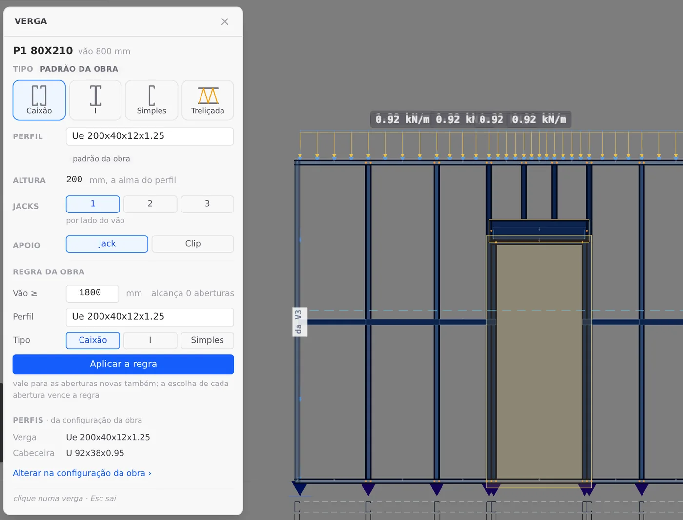 After the click: the box shows P1 80X210, an 800 mm opening, type and section marked "project default", 200 mm depth and one jack stud per side.