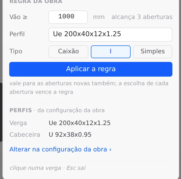 The rule before applying: openings from 1000 mm, type I, reaches 3 openings. Below, the project default sections.